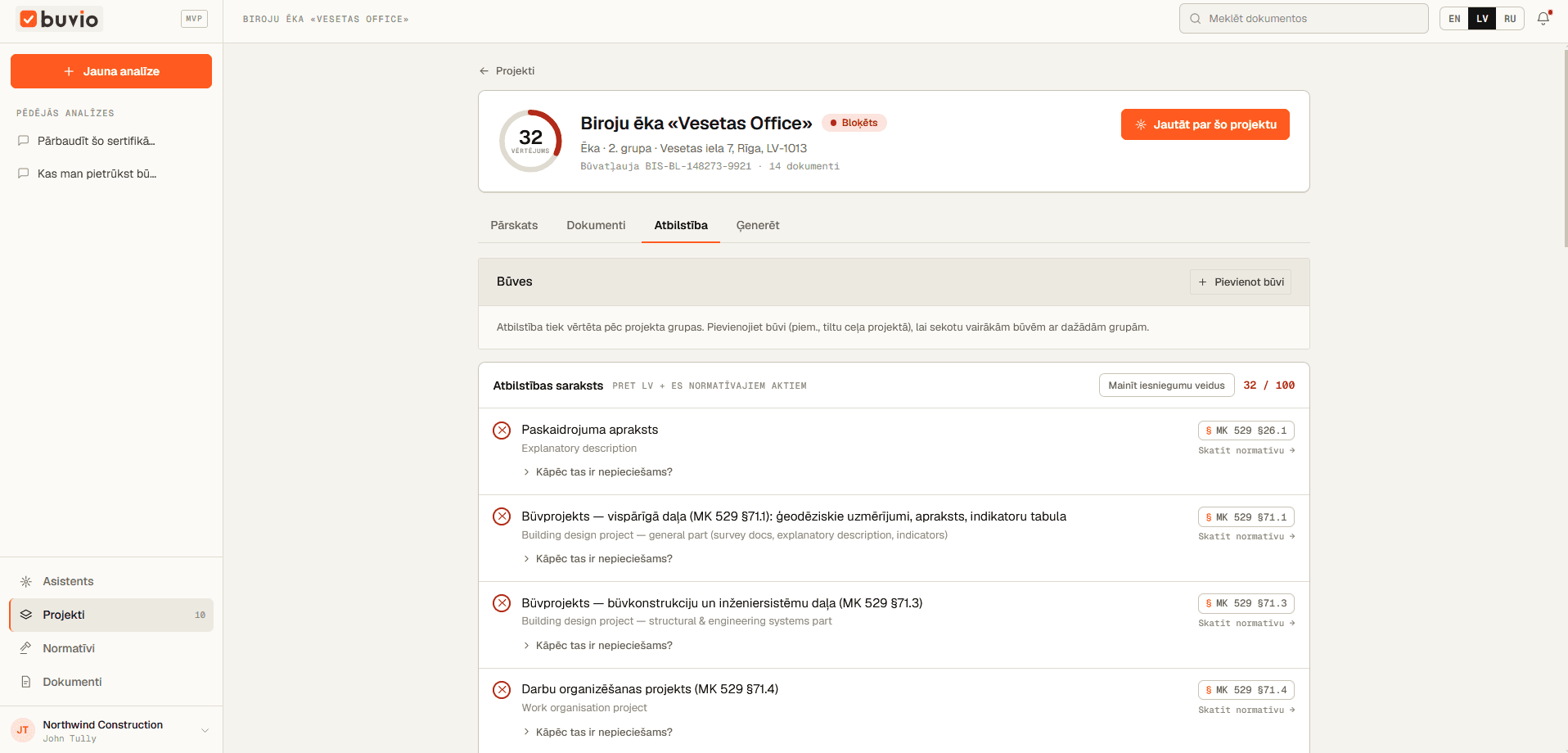 Buvio Compliance — prasību saraksts ar vērtējumu un § atsaucēm